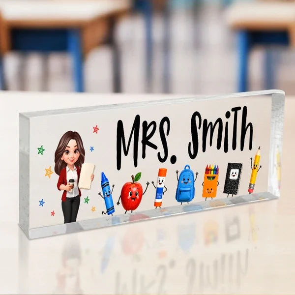 Personalized Rectangle Acrylic Block Plaque, Teacher Holding Coffee, Colorful School Supplies, Unique Teacher Gift