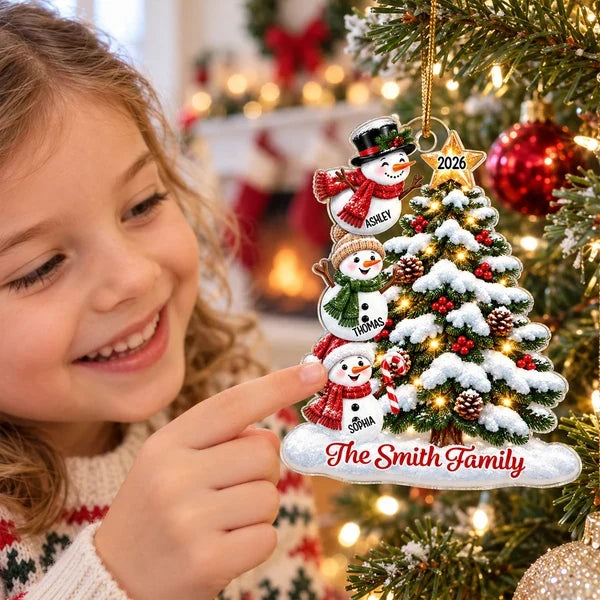 Personalized Acrylic Ornament, Waving Snowman Family by a Snowy Christmas Tree, Unique Gift for Grandkids