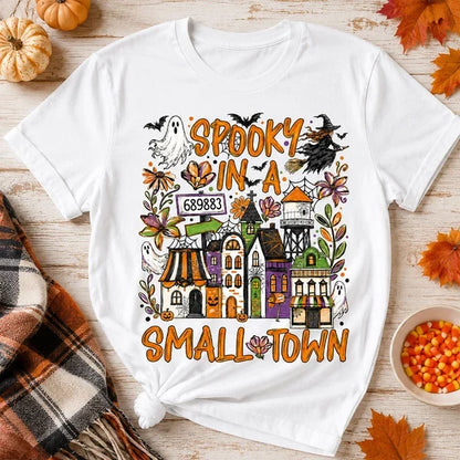 Personalized Classic Tee, Orange Ghost and Bat Town Scene, Unique Halloween Gift for Small Town Fans