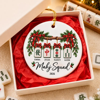 Christmas Mahjong Squad Ceramic Ornament with Hanging Tiles, Personalized Friendship Keepsake and Creative Gift
