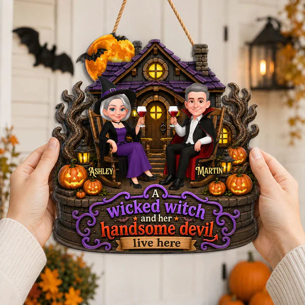 Personalized Wooden Sign, Seated Witch & Devil Haunted House Halloween Decor, Unique Gift For Couple