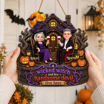 Personalized Wooden Sign, Seated Witch & Devil Haunted House Halloween Decor, Unique Gift For Couple