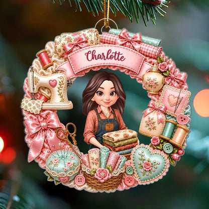 Personalized Acrylic Ornament, Crafting Woman Holding Fabric, Unique Sewing Gift for Mom, Wife or Sister