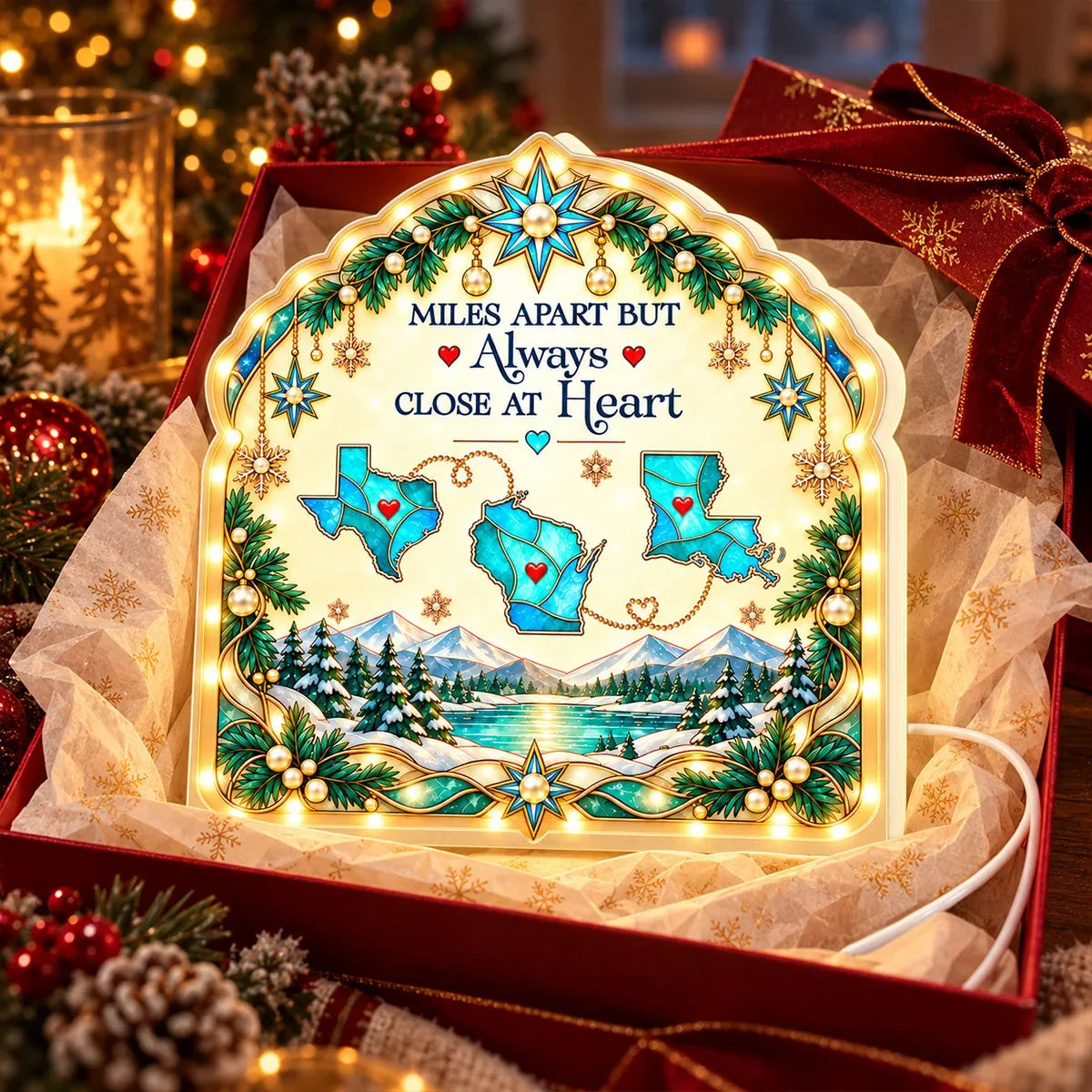 Personalized Acrylic Light Box with State Maps and Winter Scene, Unique Christmas Gift for Long-Distance Family