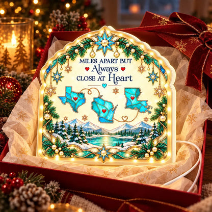 Personalized Acrylic Light Box with State Maps and Winter Scene, Unique Christmas Gift for Long-Distance Family