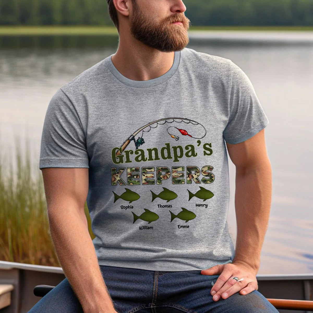 Grandpa's Keepers Camouflage Fishing Shirt – Personalized 2026 Father's Day Gift with Kids' Names