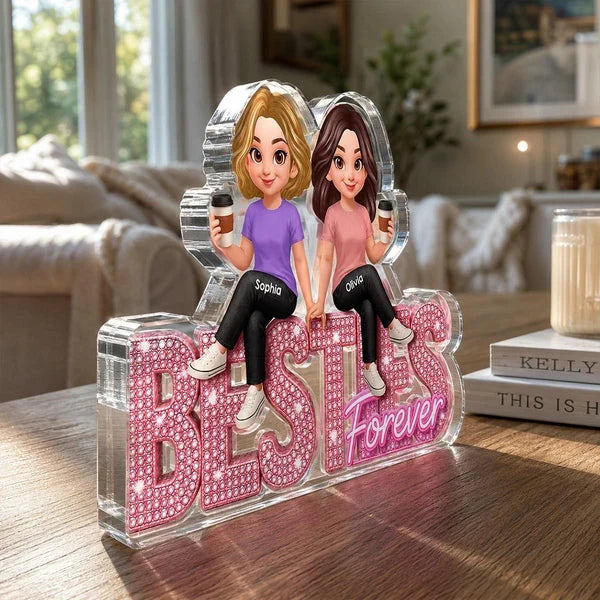 Personalized Shaped Acrylic Block Plaque, Friends Sharing Coffee, Pink Besties Forever, Unique Gift for Best Friend