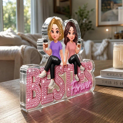 Personalized Shaped Acrylic Block Plaque, Friends Sharing Coffee, Pink Besties Forever, Unique Gift for Best Friend