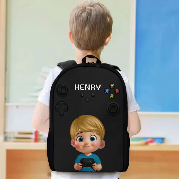 Personalized Kids School Backpack, Blue & Red Gamer Cartoon Boy Holding Controller, Unique Gift for Kids
