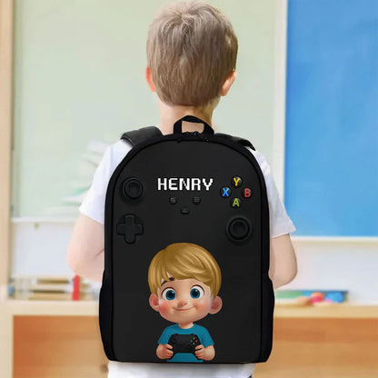 Personalized Kids School Backpack, Blue & Red Gamer Cartoon Boy Holding Controller, Unique Gift for Kids