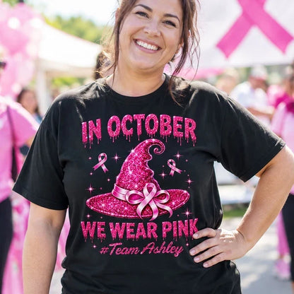 In October We Wear Pink Personalized Classic Tee, Sparkling Witch Hat, Creative Gift for Supporters