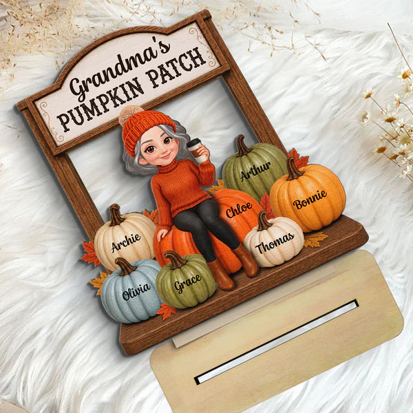 Personalized Grandma's Pumpkin Patch Wooden Plaque, Cartoon Grandma With Coffee, Unique Gift for Grandma