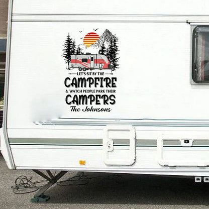 Personalized Sticker Decal RV Campfire Quote with Sunset Mountains, Unique Camping Gift for Camper Families