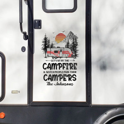 Personalized Sticker Decal RV Campfire Quote with Sunset Mountains, Unique Camping Gift for Camper Families