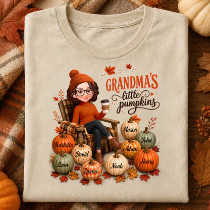Personalized Classic Tee, Seated Grandma Holding Coffee with Pumpkins, Unique Gift for Grandma