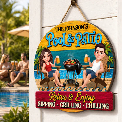 Personalized Wooden Sign with Cartoon Couple by Pool & Patio, Unique Creative Gift for Couples