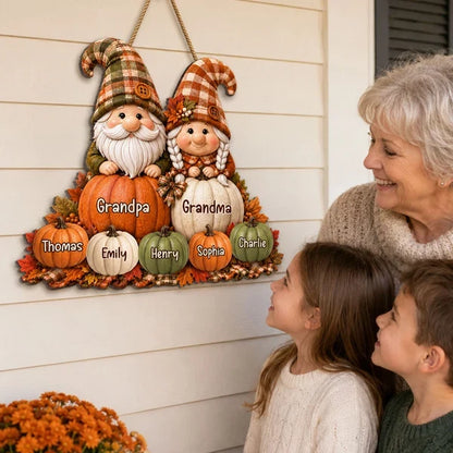 Personalized Wooden Sign, Grandparent Gnomes Seated in a Fall Pumpkin Patch, Unique Gift for Grandma and Grandpa