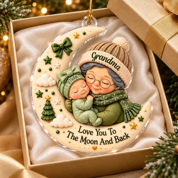 Personalized Acrylic Ornament, Grandma Cuddling Baby on Crescent Moon, Unique Christmas Gift for Grandma