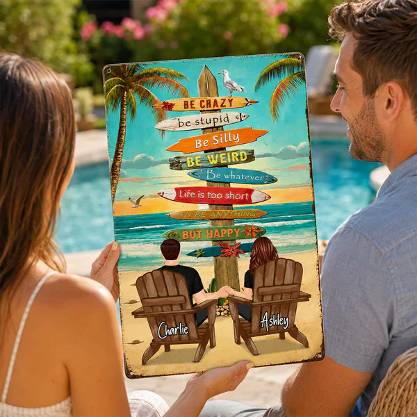 Personalized Rectangular Iron Sign With Holding Hands Beach Couple, Unique Gift for Summer Decor