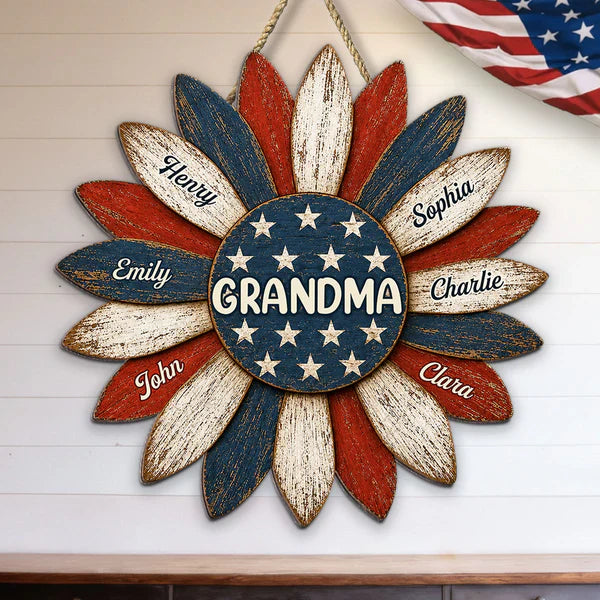 Personalized Grandma Wooden Sign, Patriotic Sunflower Porch Decor, Unique Creative Gift for Grandma