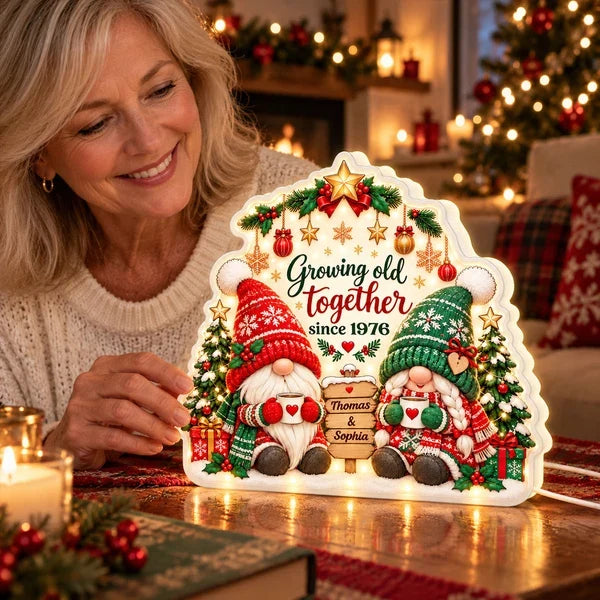 Personalized Acrylic Light Box, Gnome Couple Holding Mugs in a Snowy Christmas Scene, Unique Gift for Couples
