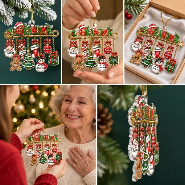 Personalized Acrylic Ornament, Grandma Safety Pin with Hanging Christmas Charms, Unique Gift for Grandma