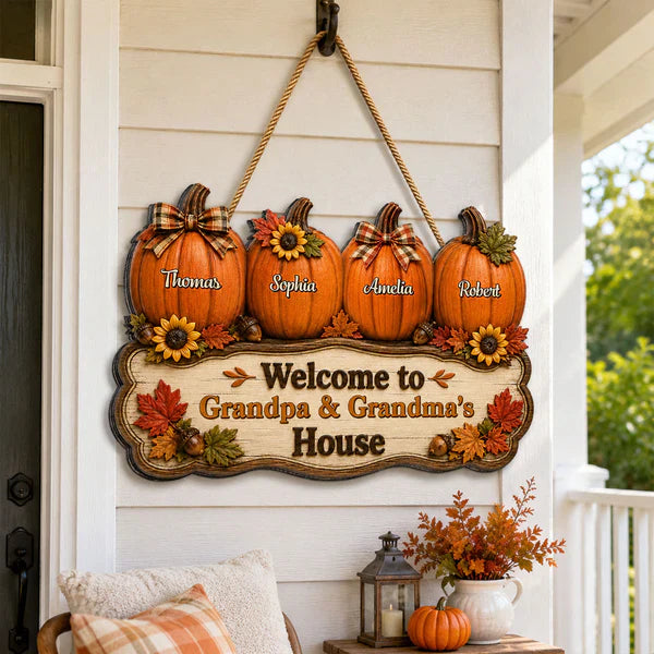 Personalized Wooden Sign with Fall Pumpkins, Unique Gift for Grandma & Grandpa's Cozy House