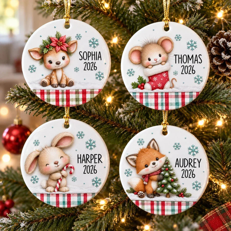 Personalized Ceramic Ornament, Cute Woodland Animals with Cookies and Stocking, Unique Gift for Kids