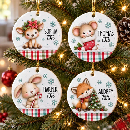 Personalized Ceramic Ornament, Cute Woodland Animals with Cookies and Stocking, Unique Gift for Kids