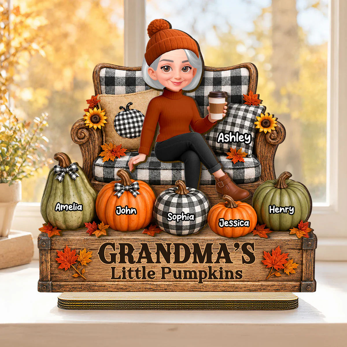 Personalized 2-Layer Wooden Plaque, Seated Grandma & Little Pumpkins Fall Decor, Unique Gift for Grandma