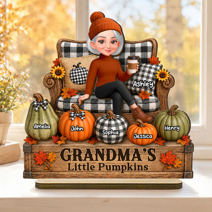 Personalized 2-Layer Wooden Plaque, Seated Grandma & Little Pumpkins Fall Decor, Unique Gift for Grandma
