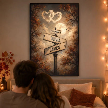 Personalized Poster with Couple Street Signs, Full Moon and Bats, Unique Halloween Gift for Couples