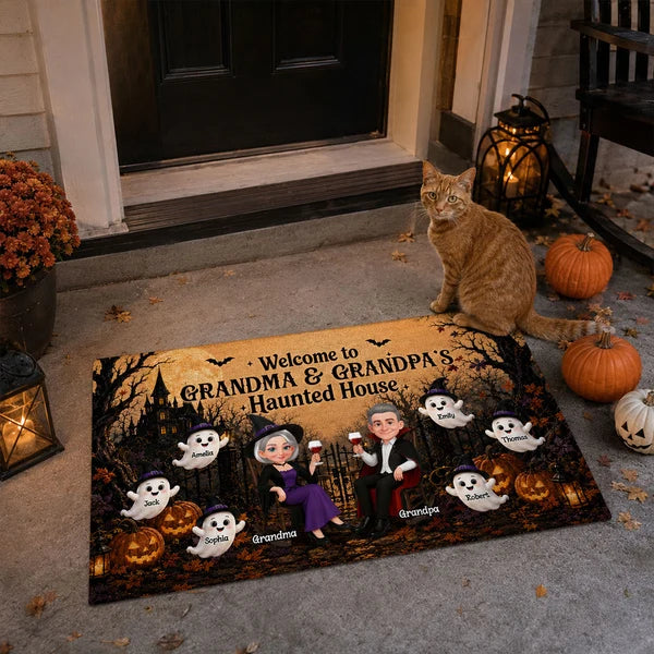 Personalized Standard Doormat, Seated Grandparents in Warm Orange Haunted House, Unique Halloween Gift for Grandparents