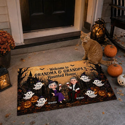 Personalized Standard Doormat, Seated Grandparents in Warm Orange Haunted House, Unique Halloween Gift for Grandparents