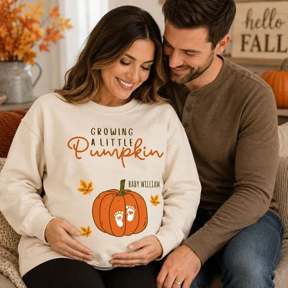 Personalized Classic Tee, Pumpkin and Baby Footprints Fall Design, Unique Gift for Mom-to-Be