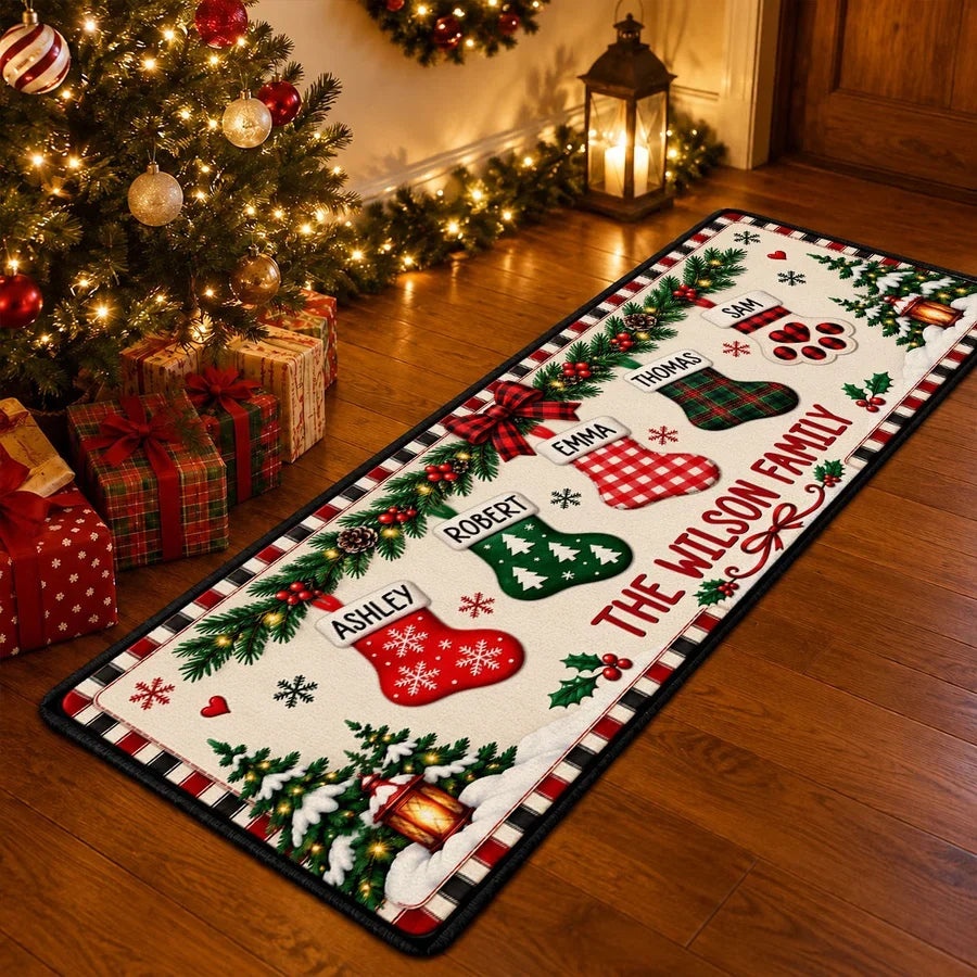Personalized Premium Doormat with Plaid Christmas Stockings, Festive Entryway Decor, Unique Family Gift