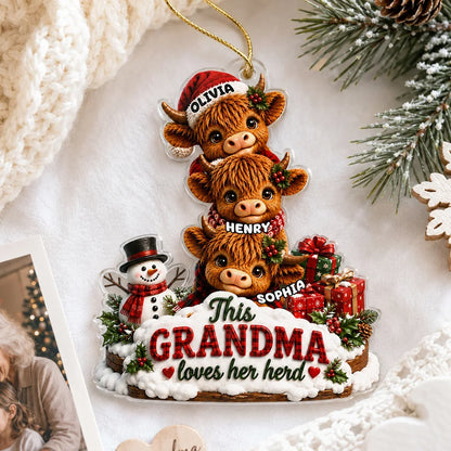 Personalized Acrylic Ornament, Grandma Loves Her Herd with Cuddling Cows in Festive Snow, Creative Gift for Grandma