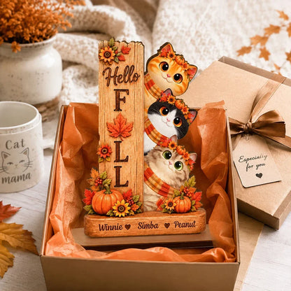Hello Fall Wooden Plaque, Peeking Cartoon Cats and Autumn Leaves, Personalized Keepsake and Creative Gift for Pet Owners