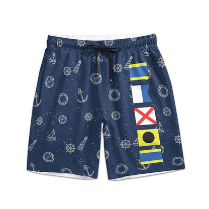 Personalized Nautical Flag Men's Beach Shorts, Navy Ocean Print for Beach Days, Unique Summer Gift for Him