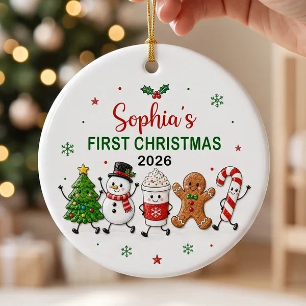 Personalized Ceramic Ornament with Waving Christmas Characters, Unique First Christmas Gift for Baby and New Parents