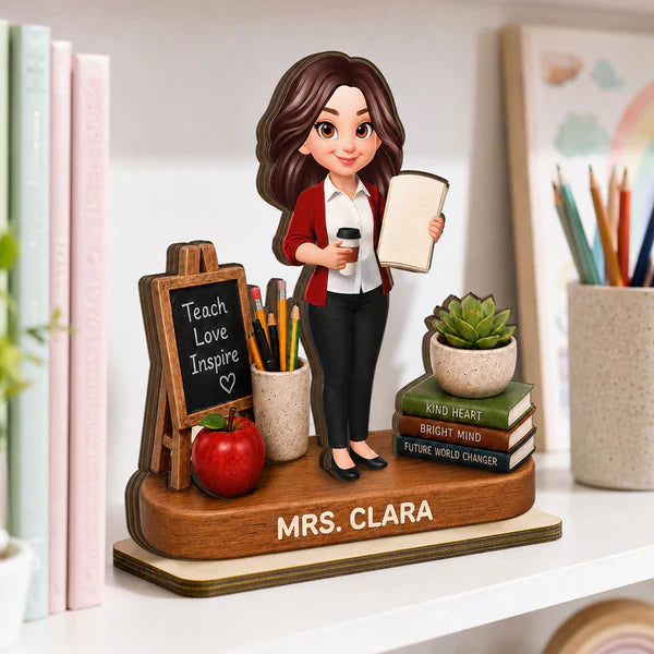 Personalized 2-Layer Wooden Plaque, Standing Teacher with Coffee & Book, Unique Creative Gift