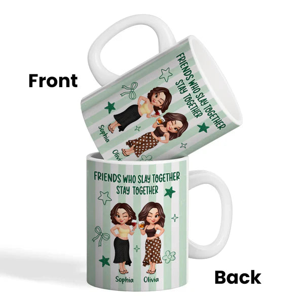 Personalized White Ceramic Mug, Pastel Cartoon Best Friends Holding Drinks, Unique Creative Gift