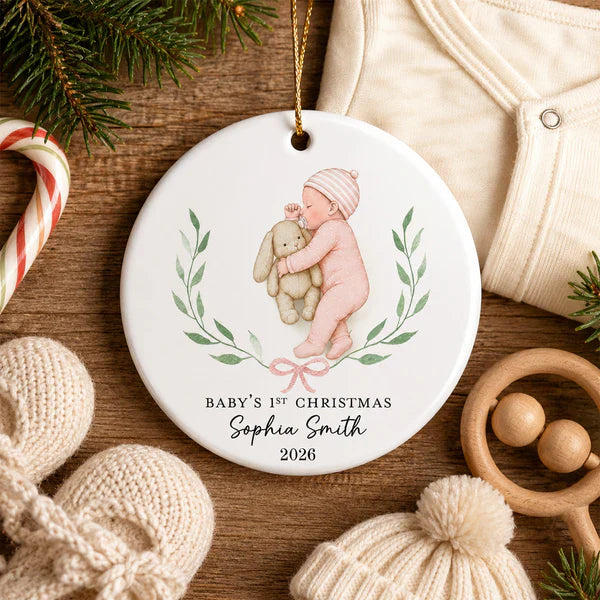 Personalized Ceramic Ornament, Baby's First Christmas Sleeping Baby, Unique Gift for New Parents