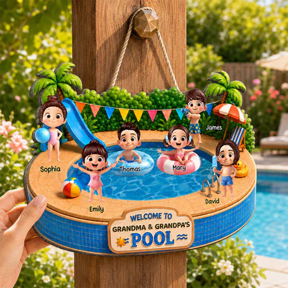 Personalized Wooden Sign with Kids Playing at Pool, Unique Gift for Grandparents, Tropical Door Decor