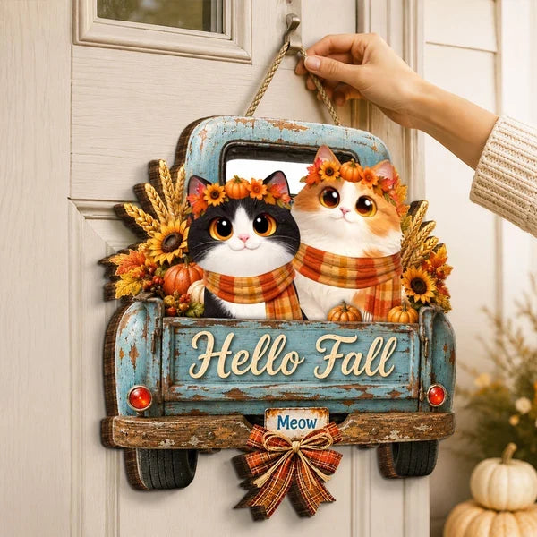 Personalized Wooden Sign with Cats in a Teal Vintage Truck, Rustic Fall Decor, Unique Gift for Cat Lovers
