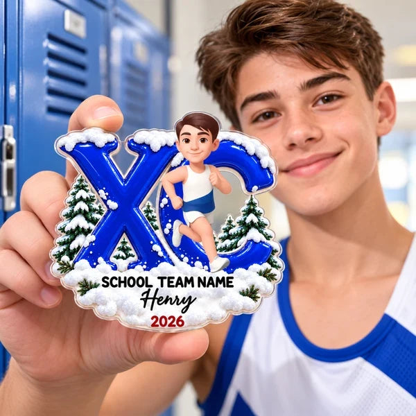 Personalized Acrylic Magnet, Running Girl in Snowy Pines, Unique Cross Country Gift for Runners