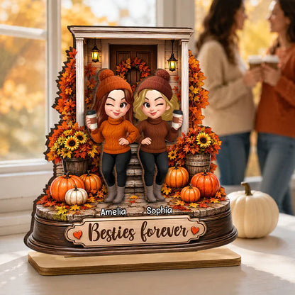 Personalized 2-Layer Wooden Plaque, Besties Forever Autumn Porch Scene, Unique Gift For Close Friend