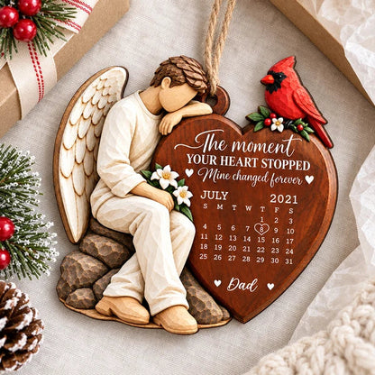 Personalized Wooden Ornament with Seated Angel and Cardinal, Unique Memorial Gift Honoring Mom