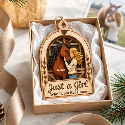 Personalized Wooden Ornament, Girl Hugging Horse in Rustic Barn, Unique Christmas Gift for Horse Lover