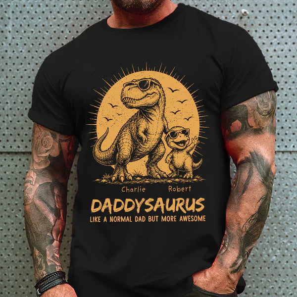 Personalized Funny Daddysaurus Classic Tee, Vintage Yellow Sunglasses Dinosaur Art, Creative Gift For Husband